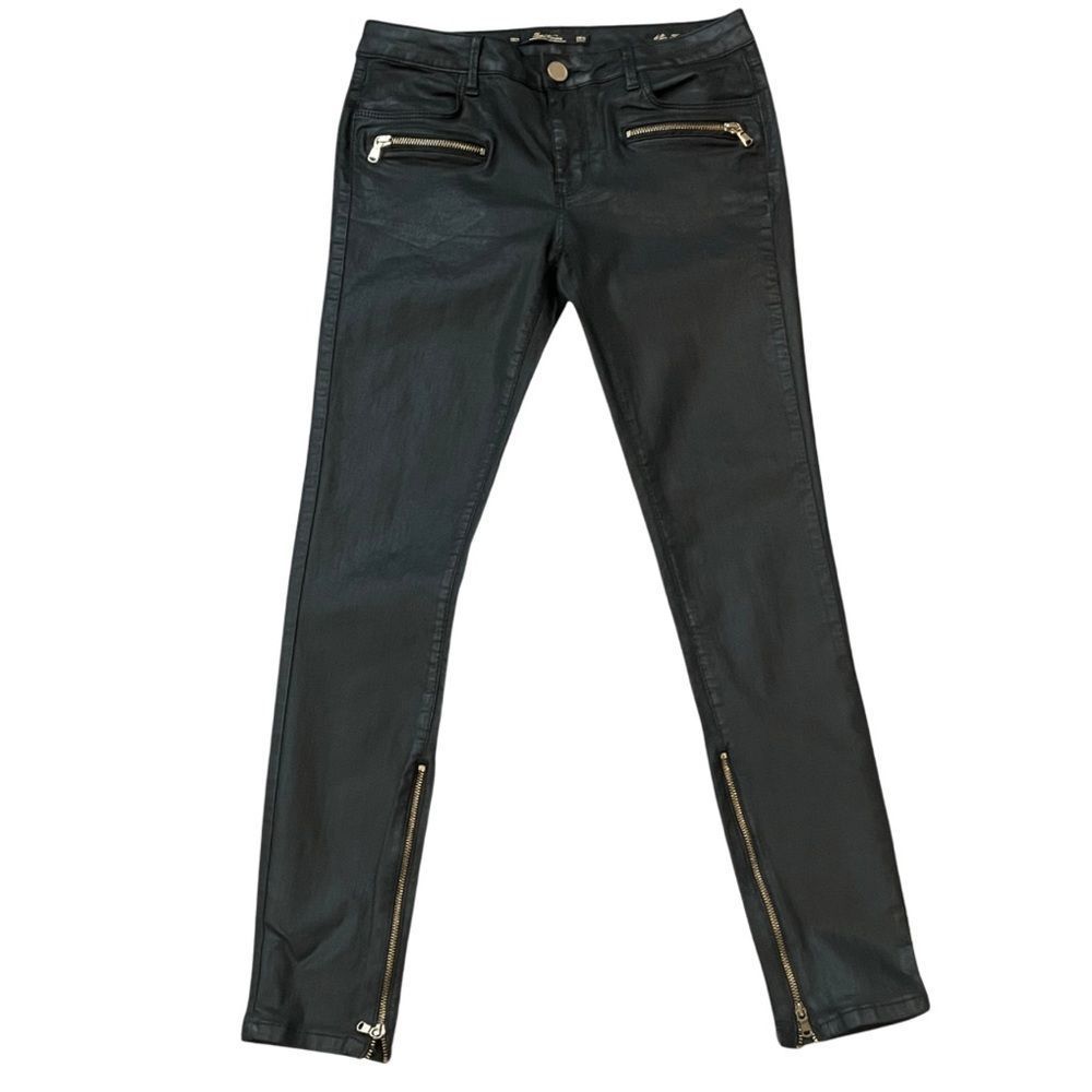 Zara Black Vegan Leather Y2K Moto Jeans Size 2 - Picture 3 of 10